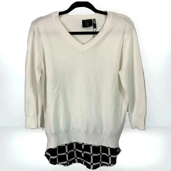 NWT Vecceli Italy White V Neck Layered Faux Checkered Shirt Hem Sweater, size S - Picture 2 of 8